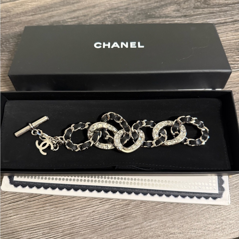 Chanel Black Leather Silver Metal Crystal Chain Link Bracelet